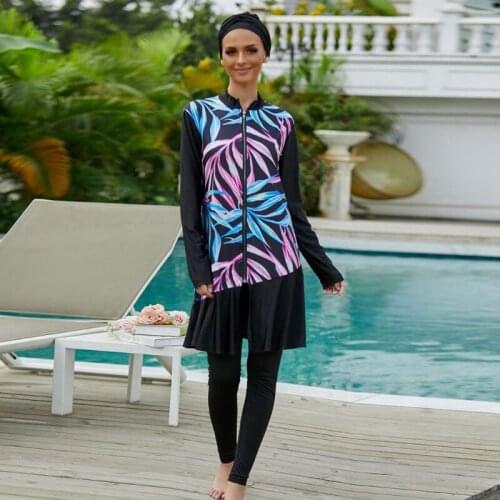 F2TC Womens Islamic 3pcs Burkini with Hijab Long Sleeve Zip Up Modest Swimsuit Arab Leaves Print Beachwear Full Cover Muslim