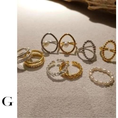 GHIDBK Dainty Pearls Wired Adjustable Rings for Women Minimalist Shaped Beaded Hollow Open Ring Layered Fashion Rhinestone Ring