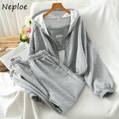 Neploe 3 Piece Set Solid Color Zip Hooded Drawstring Sweatshirts + Sexy Camis + Stretch Waist Casual Pants 2021 Fashion Suit