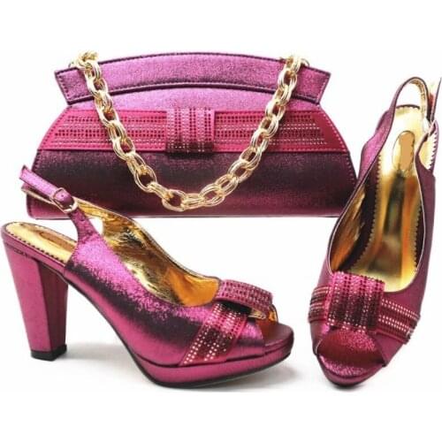 Nice looking magenta women pumps and bag set with rhinestone african shoes match handbag for dress X43,heel 10CM