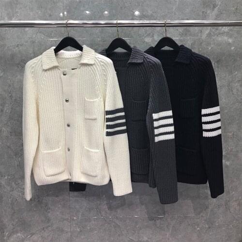 2021 Fashion Brand Sweater Men Turn Down Collar Cardigans Clothing Striped Wool Solid Zipper Thick Winter Casual Coat