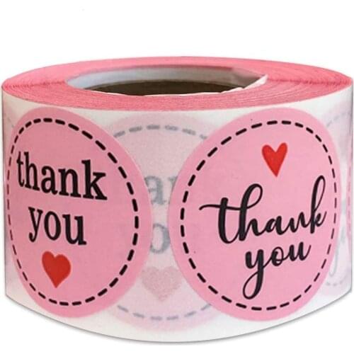 Custom 500pcs/roll Pink Paper Stickers Thank You Love Heart Shape Stickers Seal Label DIY Baking Packaging Tags