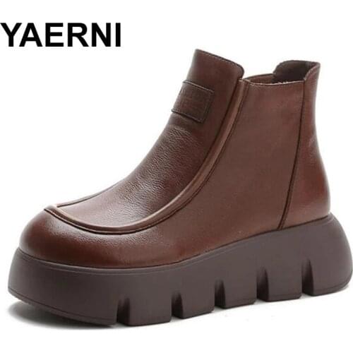 YAERNI New Autumn Thick Bottom Boots Increase Shoes Classic Retro Genuine Leather Plus Velvet Winter Boots Women Boot Martin