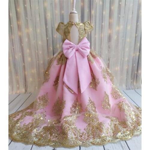 New High Quality Pink Gold Lace Beads Flower Girl Dress Cap Sleeve Infant Toddler First Birthay Dress Big Bow Headpiece