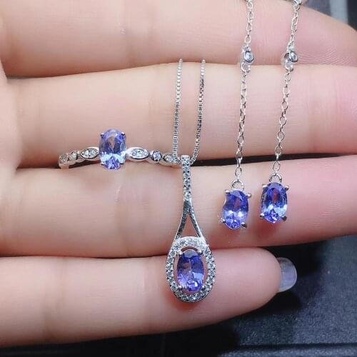 New Arrival Natural Real Tanzanite Set 925 sterling silver 1pc Tanzanite Ring,2pcs Tanzanite Earring,1pc Tanzanite Pendant