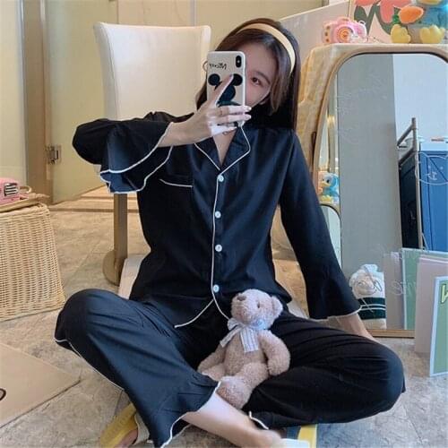 Spring and autumn pajamas female Korean pijamas women long-sleeved trousers cardigan net red 2PC casual home service NEW 2020