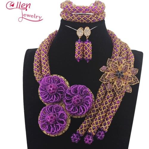 Luxury purple Nigerian wedding bridal beads necklace African accessories beads jewelry sets dubai beaded jewelry sets N0058