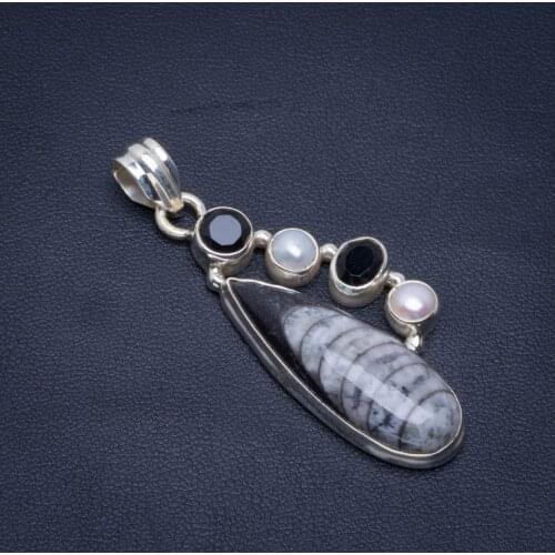 Natural Fossil Orthoceras Shell,Balck Onyx and River Pearl 925 Sterling Silver Pendant 2" B3250