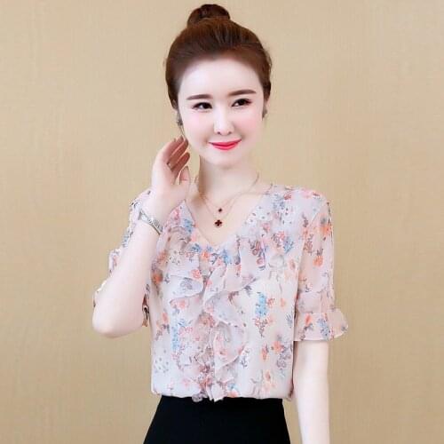 Chiffon Floral Blouse Summer 2021 New V-neck Ruffled Blouse Fashion Short-sleeved Shirt Women Tops Blusas Plus Size