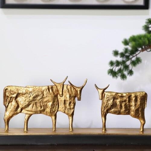 Three Abstract Standing Golden Black Metal Cows Statue Handicraft For Home Marble Sculpture Escultura Home Decor Accessories