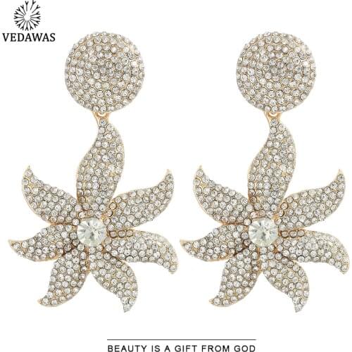 Vedawas Fashion Luxury Flower Leaf Pendant Earrings for Women Exaggerate Rhinestone Shiny Drop Earrings Wedding Jewelry Bijoux