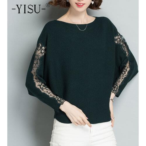 YISU Spring Women Sweater O-Neck Solid color Lace sleeves Knitted pullover Long sleeve Female Casual Loose Jumper Thin section