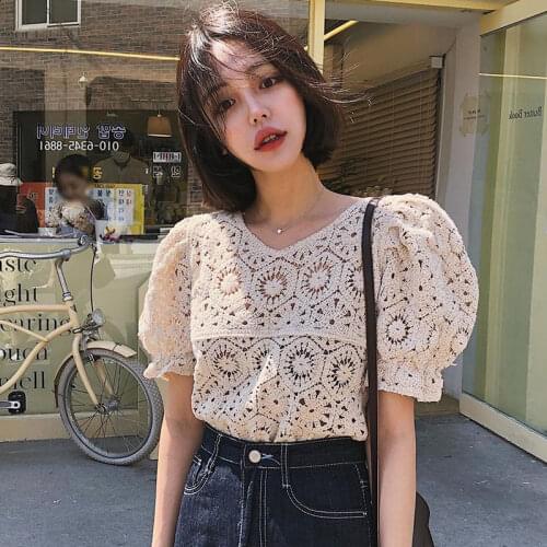 Women Blouse V-neck Hollow Crochet Loose Puff Sleeves Summer Short-Sleeved Top Blusas Ropa De Mujer