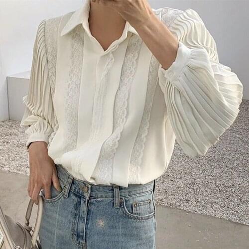 Women Turn-down Collar Lace Blouse Shirts Female Elegant Blusas Tops Office Ladies Pleated Sleeve Shirts