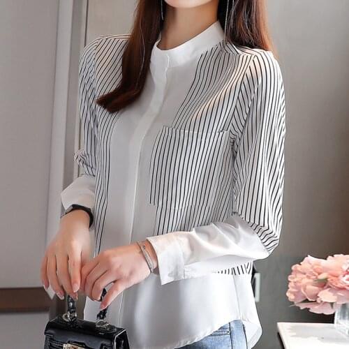 Blouse Women 2021 Long Sleeve Women Blouses Shirts Stand Collar Striped Chiffon Blouse Shirt Tops Blusas Camisas Mujer D431
