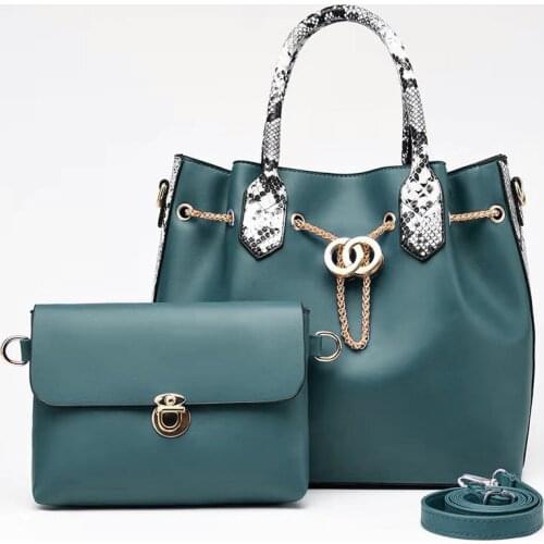Famous Brand 2020 New Womens Tote 2 Pcs Fashion PU Metal Chain Leather Ladies Handbag Serpentine Messenger Shoulder Bags Wallet