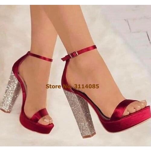 Women Silver Crystal Bling Bling Chunky Heels Sandals Glittering Platform Wedding Shoes Red Black Color Patchwork Dress Pumps