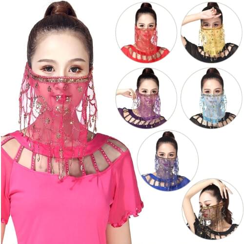 Womens Indian Belly Dance Face Veil Sequins Tribal Costume Scarf Carnival Party W729