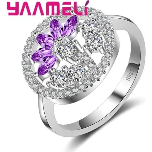 Disc Shape Half Embellished White Crystal Stone Half Multi-color Cute Petals 925 Sterling Silver Ring For Woman