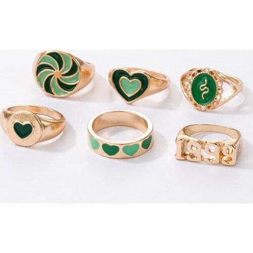Vintage Gold Green Snake-Shape Ring Drop Oil Retro Finger Tail Rings 6-piece Set Women Accessories Heart Pattern Ring Gift