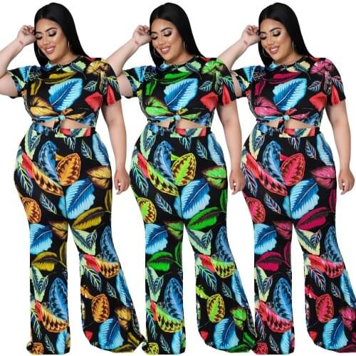 Zoctuo Leaf Printing Womens Set Wide Leg Pants And Short Sleeve Crop Top Suit For Women Bandage Trousers Sets Two 2 Piece Girls