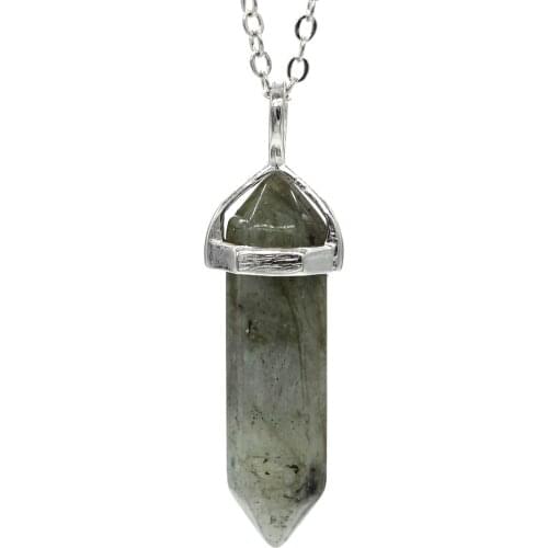 100-Unique 1 Pcs Silver Plated Natural Labradorite Stone Hexagon Column Pendant Link Chain Necklace Simple Style Jewelry