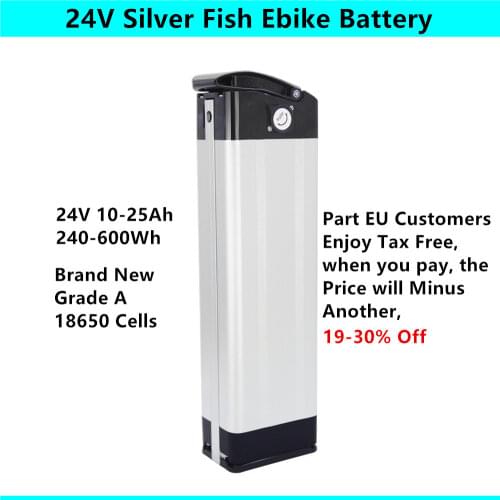 Original Silver Fish Ebike Battery 24V Lithium ion 10Ah 12Ah 15Ah 20Ah 250w 350w City Bike Folding Bike Battery with Charger