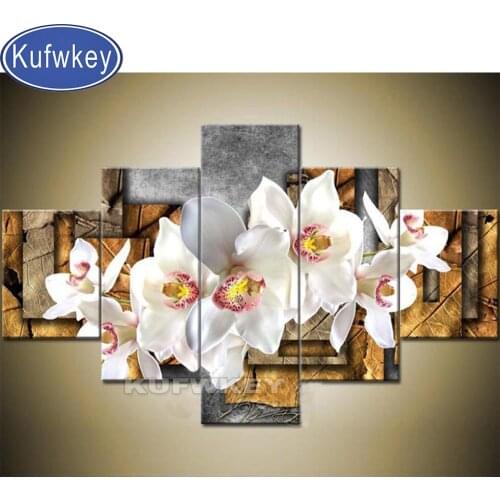 Diamond painting 5 panel white orchid mazayka embroidery decor flowers painting 5d diy full square & round diamond mosaic adults