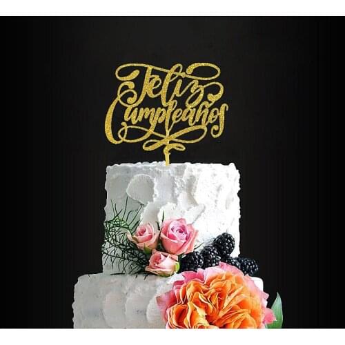 Glitter Feliz Cumpleaños Cake Topper Happy Birthday Baby Shower Fiesta Theme Party Cake Decoration, Gold,silver ,wood