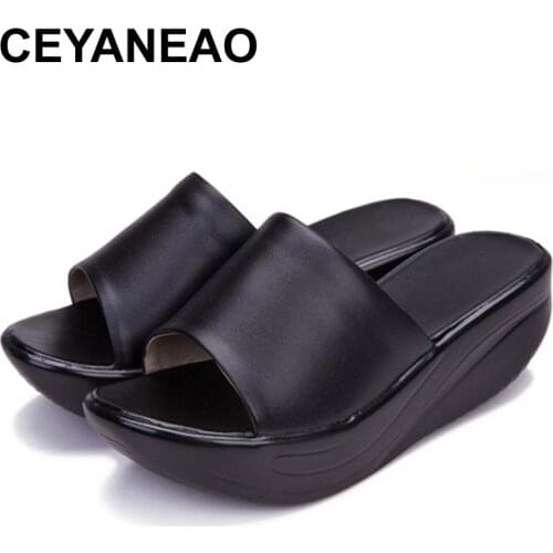CEYANEAOWomen Toning Slippers Genuine Leather Platform Swing Shoes Summer Big Size Height Increase Lady Slippers Lose WeightE937