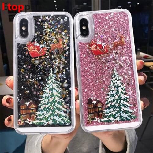 Cartoon Santa Claus Elk Quicksand Phone Case For iPhone 12 12 Pro Liquid Giltter Cover For iPhone 11 XR XS XS Max Case Christmas