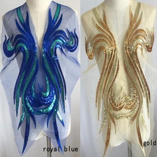 Elegant gold blue mesh sequin embroidery lace fabric ribbon trim collar applique sewing DIY wedding dress cloth craft Accessory