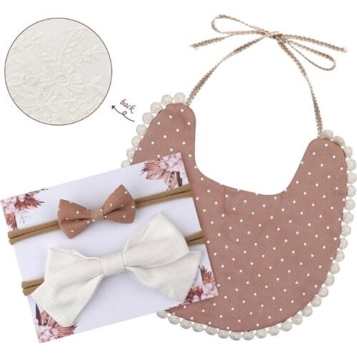 GXMB 1 Set Baby Printing Bowknot Headband Bibs Set Double Sided Soft Cotton Feeding Saliva Towel Bandana Scarf Hair Band Kit for