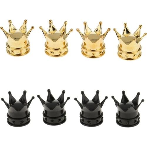 Crown Tire Valve Stem Caps, Universal Air Valve Cap for Car and Motorcycle - Black and Gold (8-Pack)