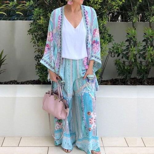 Autumn Loose Long Sleeve Women Sets Fashion Floral Print Tops Cardigan + Wide Leg Pants Suit Casual Pocket Loose Vintage Outfits