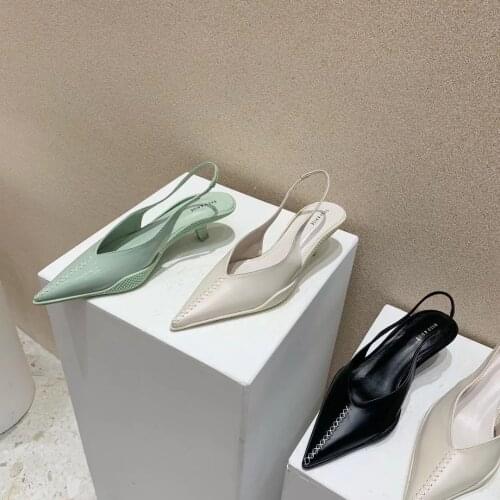 Fashion Women Sandals Pointed Toe Solid Color Thin Mid Heels Back Strap Green Shoes Elegant Dress Shoes Elegant Pumps Size 35-39