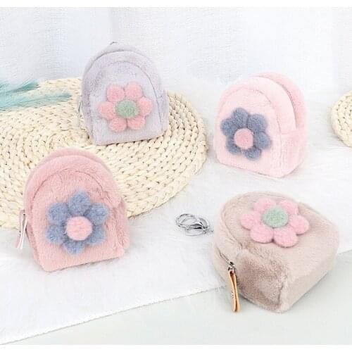 Fashion simple flower Plush zero purse simple womens mini storage bag zipper mouth red bag key chain
