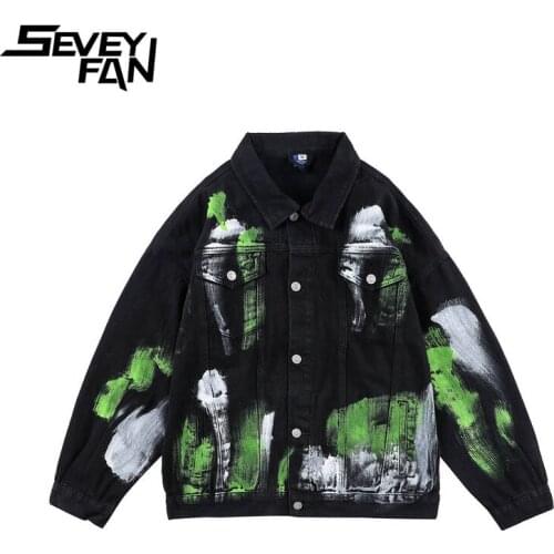 SEVEYFAN Hand-Painted Graffiti Printed Mens Denim Jacket fashion Hip-Hop Denim Jacket For Men and Women Denim Coat