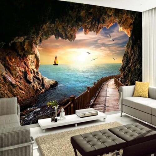 Karst Caves Wall Mural Photo Wallpaper Sea Landscape for Living Room Bedroom Home Wall Decor Wood Bridge Contact Paper Roll