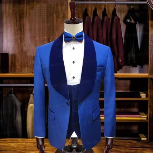 New Mens Wedding Suits 3 Pieces Custom Best Man Groom Suit Dinner Tuxedo Slim fit Royal Blue Velvet Lapel Blazer Vest Pant Set