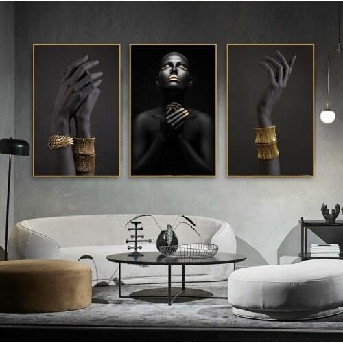 African Art Black and Gold Woman Canvas Painting Posters and Prints Scandinavian Wall Art Picture for Living Room Home Decor