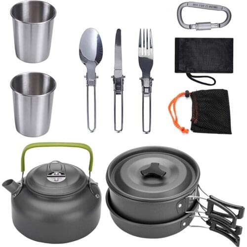 Camping Kitchen Outdoor Cooking Pot Pans Cookware Picnic Non-stick Tableware With Foldable Fork Spoon Knife Kettle Cup Dishes