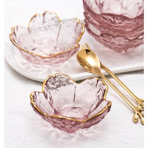 Hot Small Glass Dish Japanese Hammered Sakura Gold Inlay Glass Mini Flavor Dish Soy Sauce Vinegar Dish For Ice Cream Fruit Sala