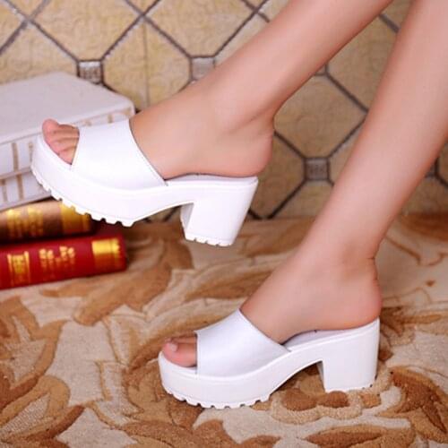 Thick Leather With Slippers Female Summer White High Heel A Word Drag Lady Cool Mop Fish Mouth Slippers