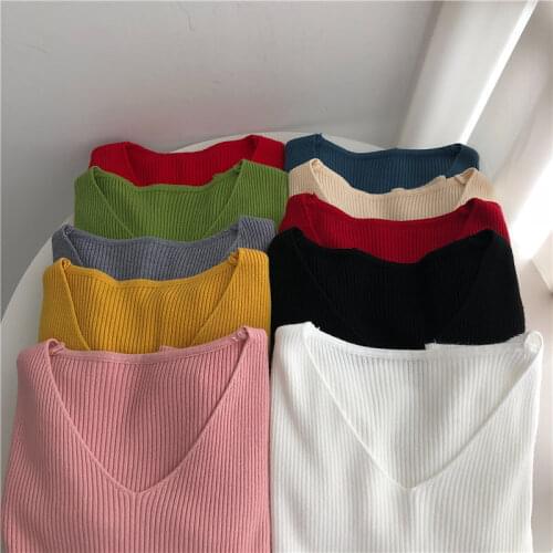 Korean Full sweater 2020 Autumn Winter V-neck Knit Long Sleeves Slim Skinny soft Fashion Womens Thin Sweater Female Pullovers