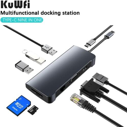 KuWFi 9 in 1 USB C HUB Type C to Multi USB 3.0 HUB 4K 30Hz HDMI VGA RJ45 PC LAN Ethernet Adapter for Type-C Docking Station