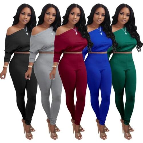 Casual Autumn Women Two Piec Set One Shoulder Streetwer Crop Top + Long Pants Sportwear Suit Tracksuit Outfit Solid Color