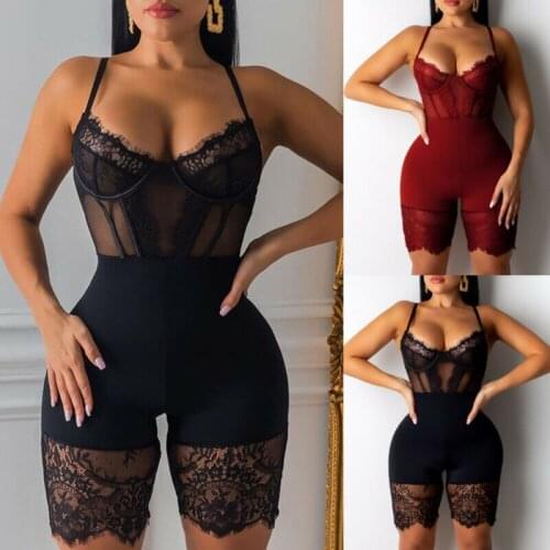 Womens Lingerie Sexy Jumpsuit Mesh Lace Patchwork Sleeveless See-through Playsuit Bodycon Slim Romper Bodysuit Nightwear