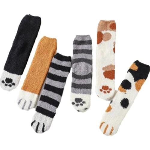 Winter Cat Claw Cute Thick Warm Sleep Floor Socks Women Girls Plush Coral Fleece Meow Cat Paws Print Hosiery Socks Fast Shipping