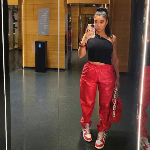 2 Colors Kylie The Same High-Quality Washed Imitation Sheepskin Loose Cut Velcro Sports Casual Leather Pants